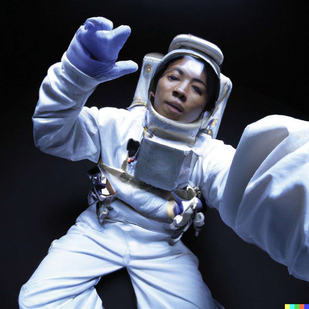 an astronaut, photograph, taken from a low angle